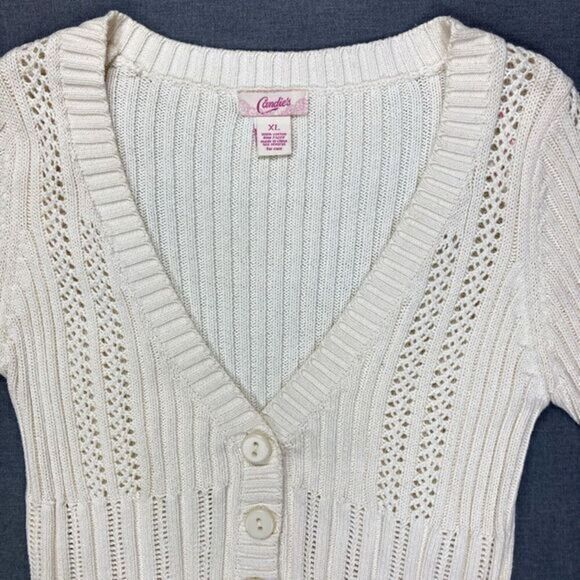 Candies V- Neck Cardigan Womens S Girls XL Ivory Knit Casual Minimalist Sweater - Picture 2 of 15